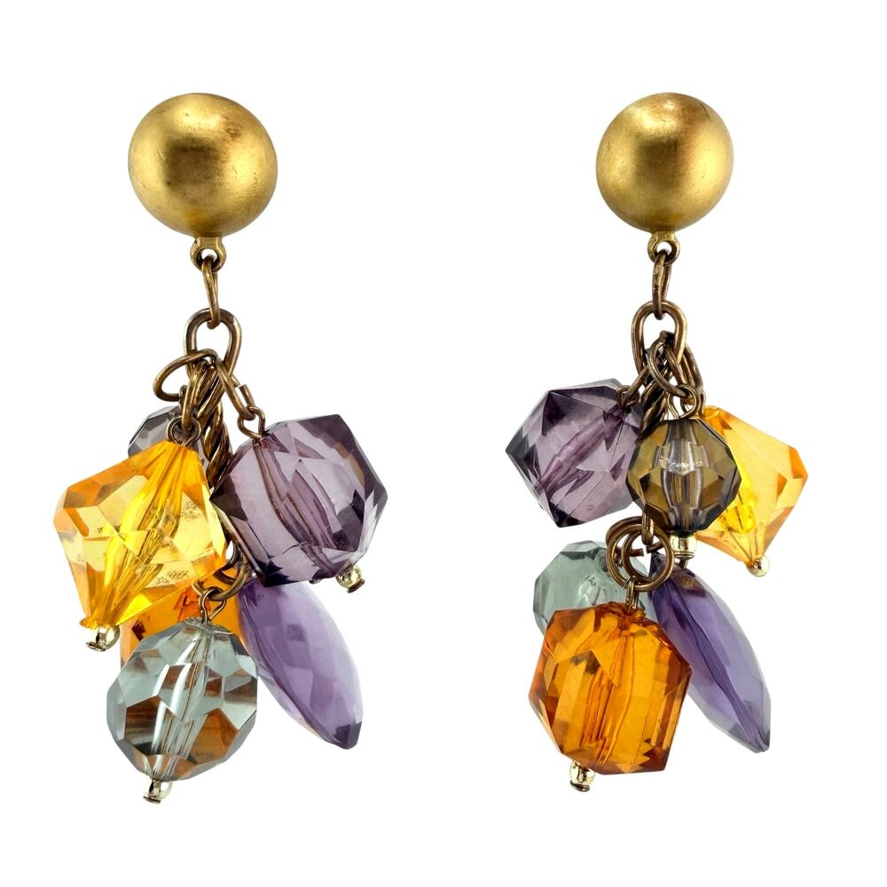 Vintage 1980s 1990s Multicolor Lucite Faceted Beads Gold Tone 3" Earrings